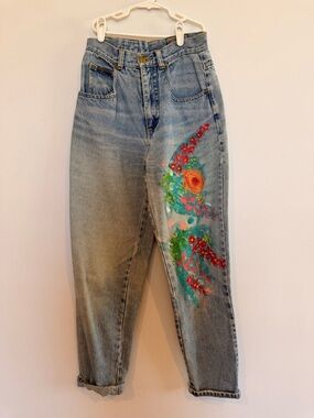 Royal Robbins Light Wash Boyfriend Jeans with Hand-Painted Floral Detail